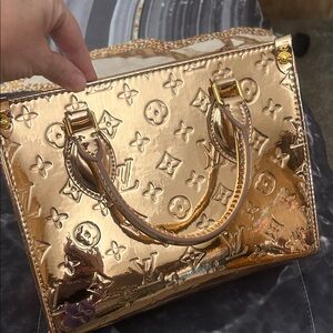 Metallic Pale Gold Patent Embossed Satchel with Top Handles